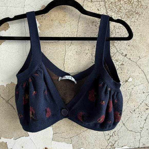 Zara Floral Knit Crop Tank Top Navy Red Knitwear Bralette Style Size M - Picture 2 of 7